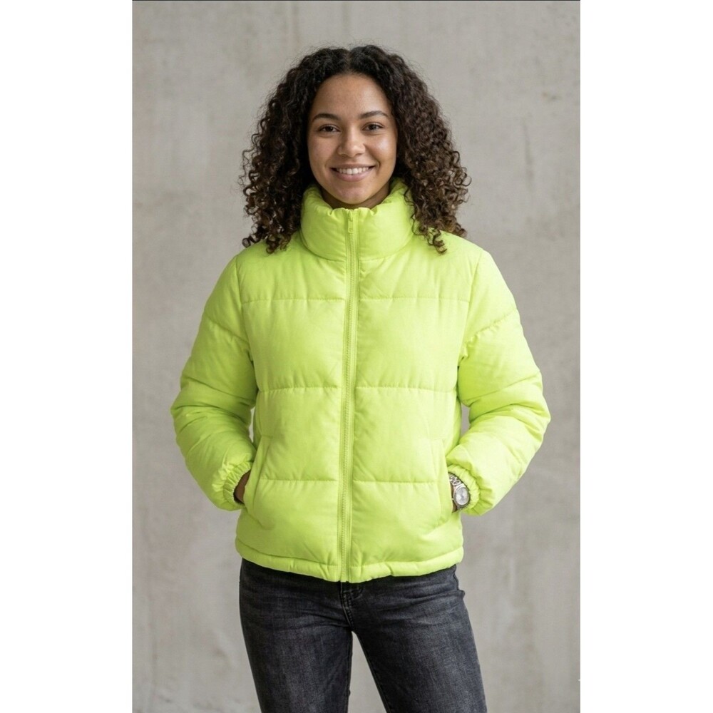 FOREVER 21 Puffer Jacket Full Zip Neon Yellow Women's Size Medium Winter Coat
